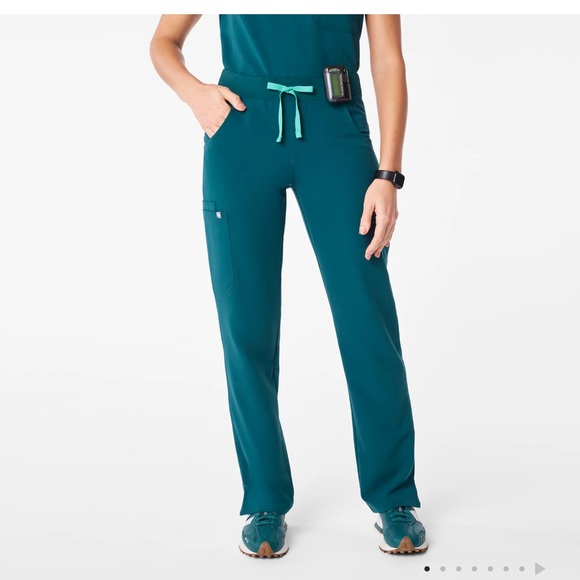 Figs Pants - Figs Straight Leg Scrub Pants in Teal with Mint Drawstring